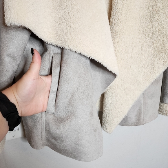 Lauren Ralph Lauren faux suede sherpa open front drape cozy jacket cardigan L - Picture 4 of 17